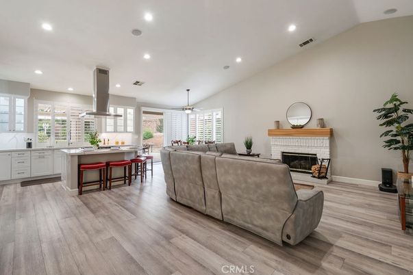 Fireplace, Interior, Kitchen, Living room, Pendant Lights, Recessed Lighting, Wood Texture Flooring