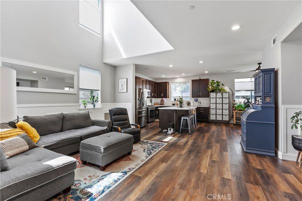 Interior, Kitchen, Living room, Recessed Lighting, Stainless Steel Appliances, Wood Texture Flooring