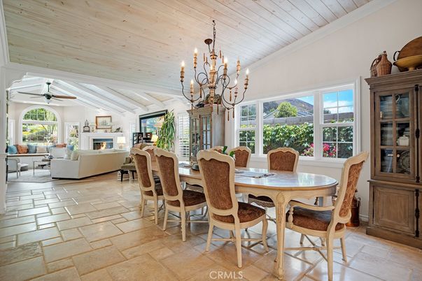 Chandelier, Dining room, Fireplace, Interior, Living room, Wooden Ceilings