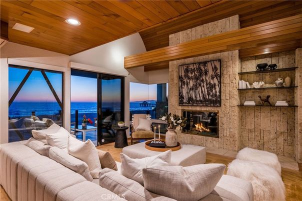 Fireplace, Interior, Living room, Recessed Lighting, Stone Walls, Water, Wooden Ceilings, Wood Texture Flooring, Wooden Walls