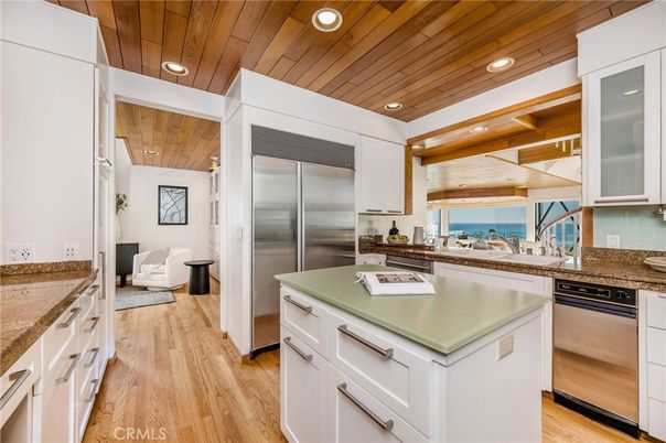 Interior, Kitchen, Recessed Lighting, Stainless Steel Appliances, Water, Wooden Ceilings, Wood Texture Flooring