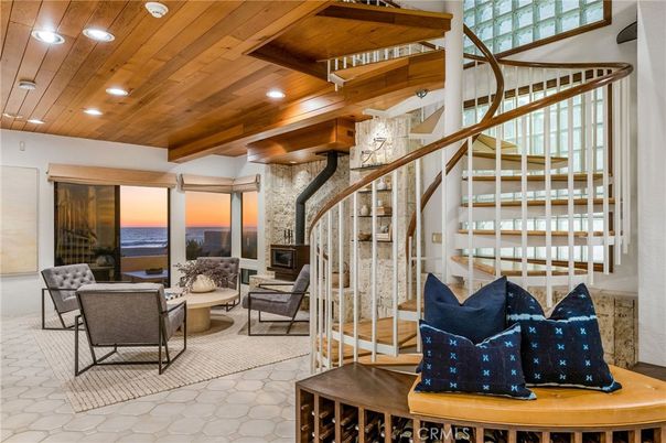Fireplace, Interior, Living room, Recessed Lighting, Stone Walls, Water, Wooden Beams, Wooden Ceilings