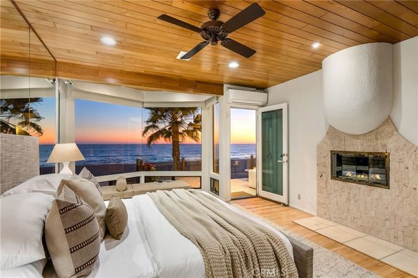 Bedroom, Fireplace, Interior, Recessed Lighting, Water, Wooden Ceilings, Wood Texture Flooring