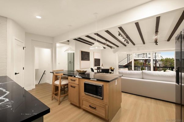 Dining room, Interior, Kitchen, Living room, Pendant Lights, Recessed Lighting, Wooden Beams, Wood Texture Flooring