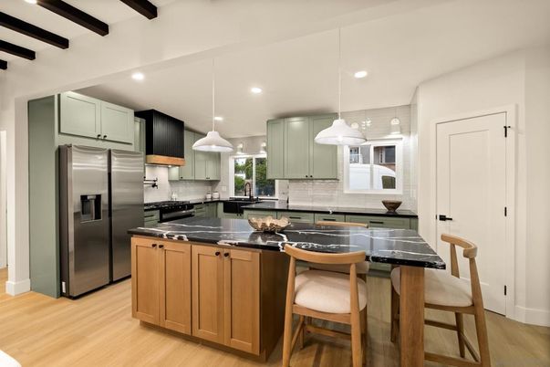 Interior, Kitchen, Pendant Lights, Recessed Lighting, Stainless Steel Appliances, Wooden Beams, Wood Texture Flooring