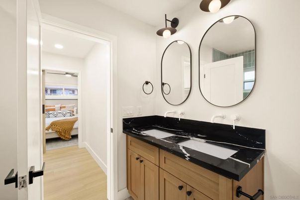 Bathroom, Bedroom, Dual Sink Vanities, Interior, Recessed Lighting, Wood Texture Flooring