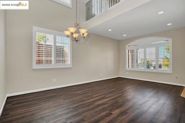 Chandelier, Empty room, Interior, Recessed Lighting, Wood Texture Flooring