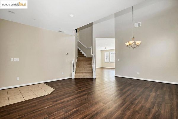 Chandelier, Empty room, Interior, Recessed Lighting, Wood Texture Flooring