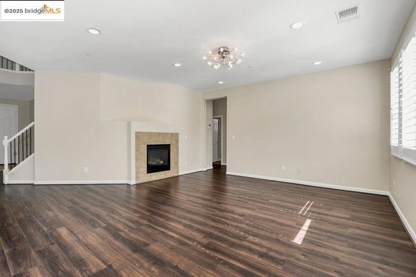 Empty room, Fireplace, Interior, Recessed Lighting, Wood Texture Flooring