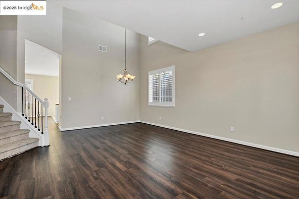 Chandelier, Empty room, Interior, Recessed Lighting, Wood Texture Flooring
