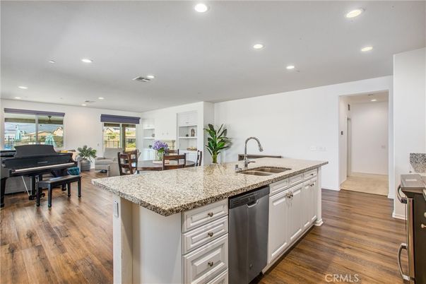Interior, Kitchen, Living room, Piano, Recessed Lighting, Wood Texture Flooring