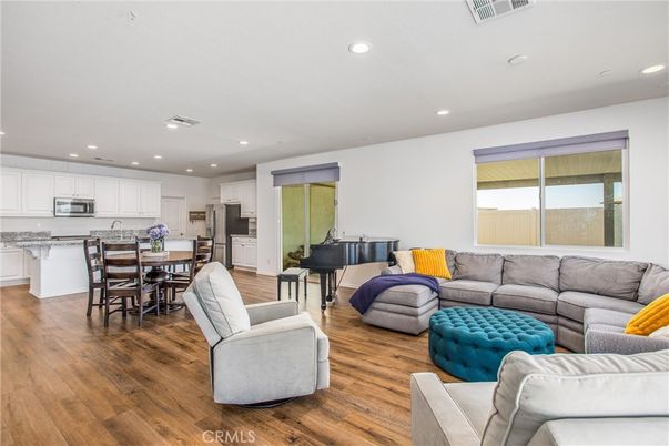 Dining room, Interior, Kitchen, Living room, Piano, Recessed Lighting, Wood Texture Flooring