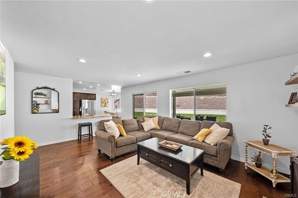 Chandelier, Interior, Kitchen, Living room, Recessed Lighting, Stainless Steel Appliances, Wood Texture Flooring