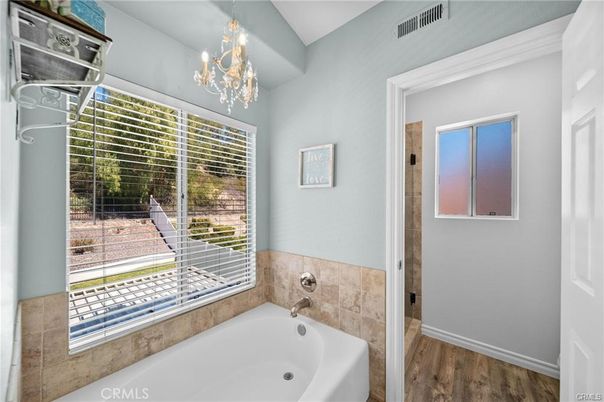 Bathroom, Chandelier, Interior, Wood Texture Flooring