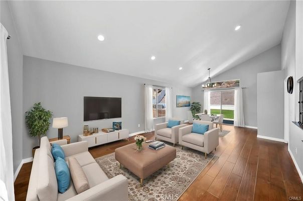Dining room, Interior, Living room, Pendant Lights, Recessed Lighting, Wood Texture Flooring