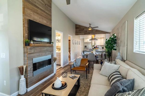 Dining room, Fireplace, Interior, Kitchen, Living room, Wood Texture Flooring