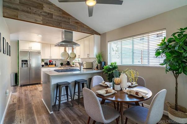 Dining room, Interior, Kitchen, Recessed Lighting, Stainless Steel Appliances, Wooden Beams, Wood Texture Flooring