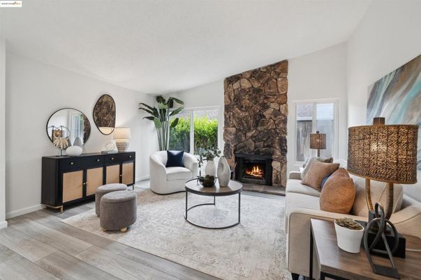 Fireplace, Interior, Living room, Stone Walls, Wood Texture Flooring