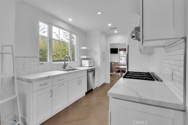 Interior, Kitchen, Recessed Lighting, Stainless Steel Appliances, Wood Texture Flooring