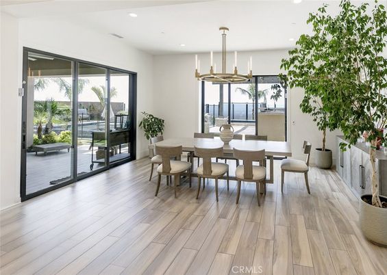 Dining room, Interior, Pendant Lights, Recessed Lighting, Wood Texture Flooring
