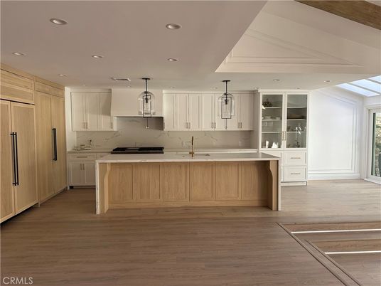 Interior, Kitchen, Marble Walls, Pendant Lights, Recessed Lighting, Wood Texture Flooring