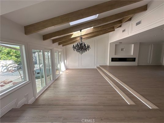 Chandelier, Empty room, Interior, Wooden Beams, Wood Texture Flooring