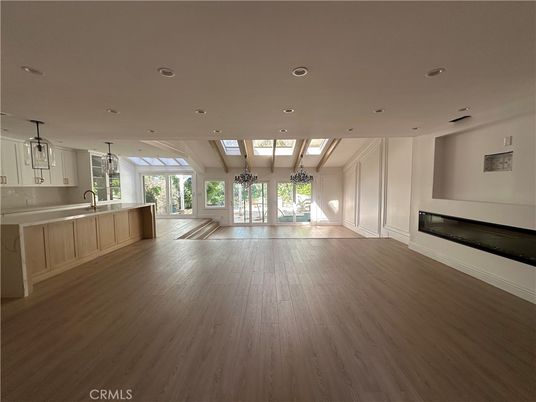 Fireplace, Interior, Kitchen, Recessed Lighting, Wood Texture Flooring