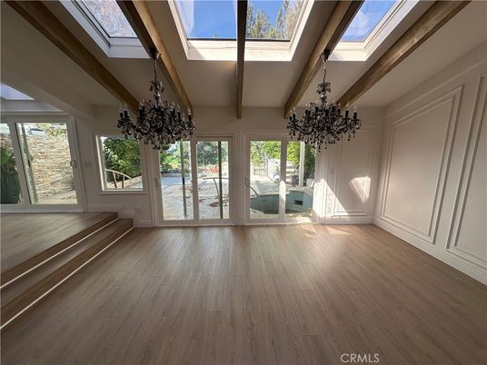 Chandelier, Empty room, Interior, Wooden Beams, Wood Texture Flooring