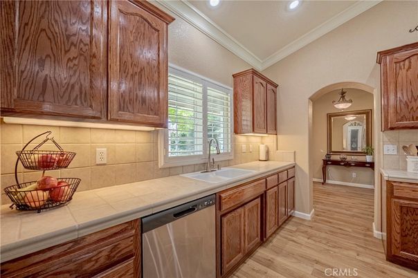 Interior, Kitchen, Pendant Lights, Recessed Lighting, Tile Countertops, Wood Texture Flooring