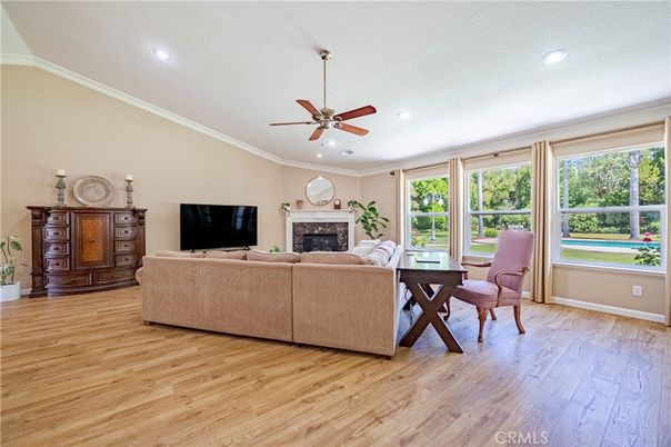 Dining room, Fireplace, Interior, Living room, Recessed Lighting, Wood Texture Flooring