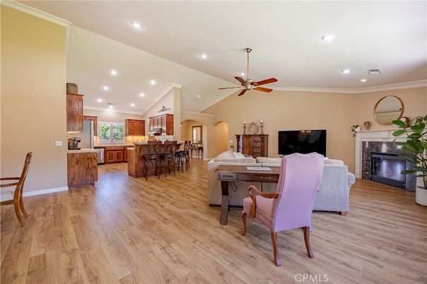 Dining room, Fireplace, Interior, Kitchen, Living room, Recessed Lighting, Wood Texture Flooring