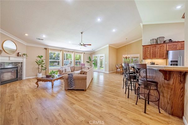 Fireplace, Interior, Kitchen, Living room, Pendant Lights, Recessed Lighting, Wood Texture Flooring