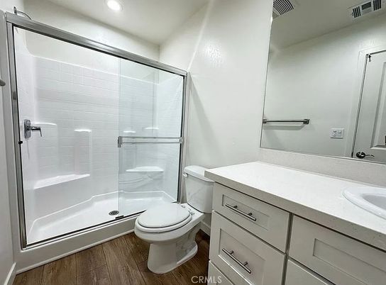 Bathroom, Glass Shower, Interior, Recessed Lighting, Wood Texture Flooring