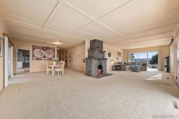 Dining room, Fireplace, Interior, Living room, Stone Walls