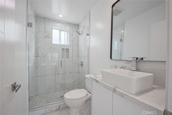 Bathroom, Glass Shower, Interior, Marble, Marble Walls, Recessed Lighting