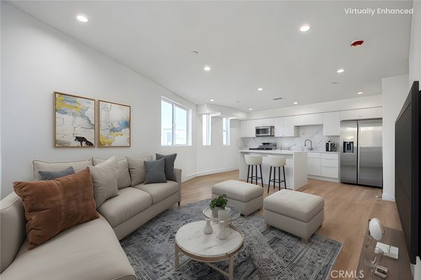 Interior, Kitchen, Living room, Recessed Lighting, Stainless Steel Appliances, Wood Texture Flooring