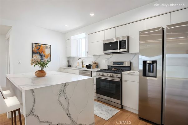 Interior, Kitchen, Marble, Recessed Lighting, Stainless Steel Appliances, Wood Texture Flooring
