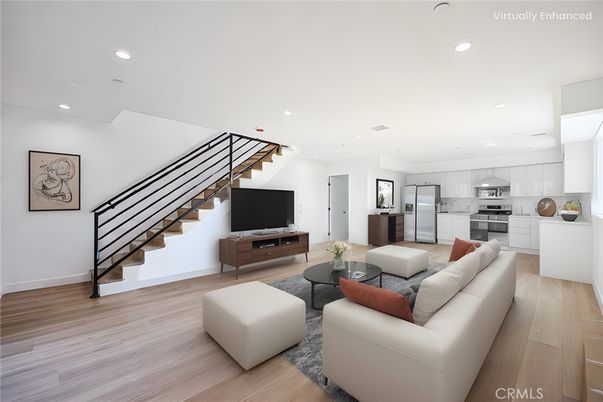 Interior, Kitchen, Living room, Recessed Lighting, Stainless Steel Appliances, Wood Texture Flooring