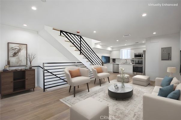 Interior, Kitchen, Living room, Recessed Lighting, Stainless Steel Appliances, Wood Texture Flooring