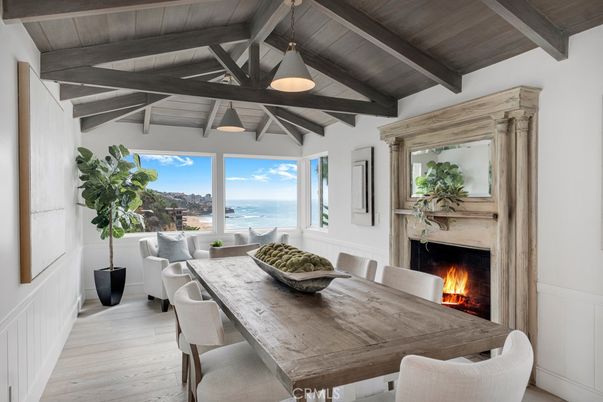 Dining room, Fireplace, Interior, Pendant Lights, Water, Wooden Beams, Wooden Ceilings, Wood Texture Flooring