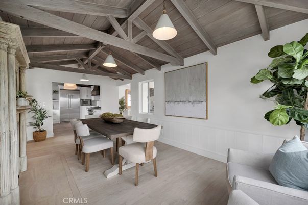 Dining room, Interior, Kitchen, Pendant Lights, Stainless Steel Appliances, Wooden Beams, Wooden Ceilings, Wood Texture Flooring