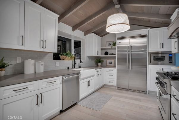 Interior, Kitchen, Pendant Lights, Stainless Steel Appliances, Wooden Beams, Wooden Ceilings, Wood Texture Flooring