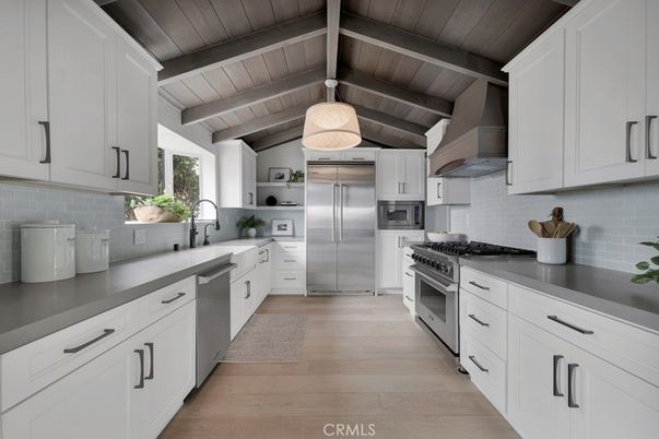 Interior, Kitchen, Pendant Lights, Stainless Steel Appliances, Wooden Beams, Wooden Ceilings, Wood Texture Flooring