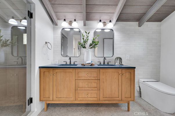 Bathroom, Dual Sink Vanities, Glass Shower, Interior, Wooden Ceilings