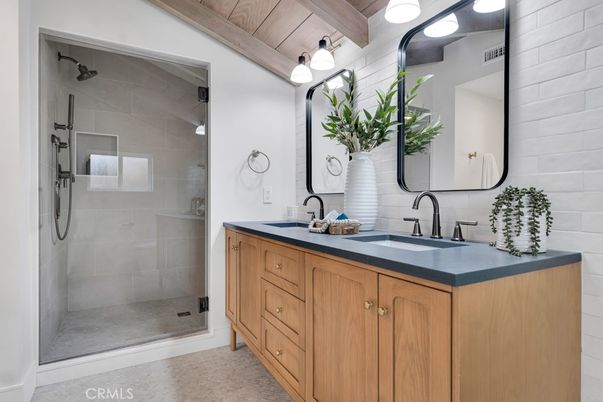 Bathroom, Dual Sink Vanities, Glass Shower, Interior, Wooden Beams, Wooden Ceilings
