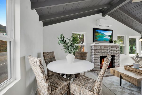 Dining room, Fireplace, Interior, Wooden Beams