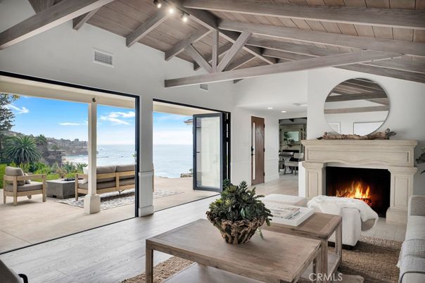 Fireplace, Interior, Living room, Recessed Lighting, Water, Wooden Beams, Wooden Ceilings, Wood Texture Flooring