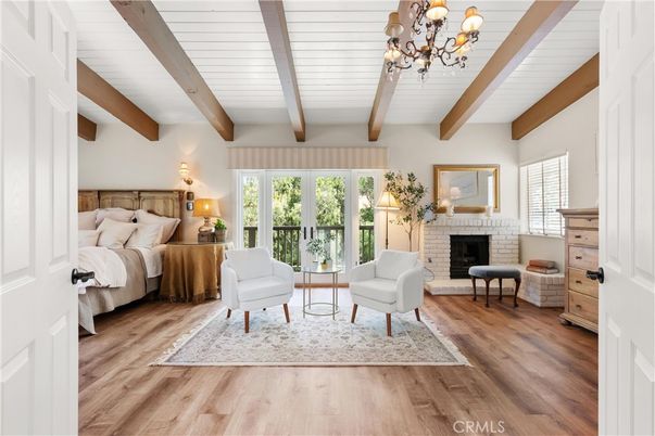 Bedroom, Chandelier, Fireplace, Interior, Wooden Beams, Wood Texture Flooring