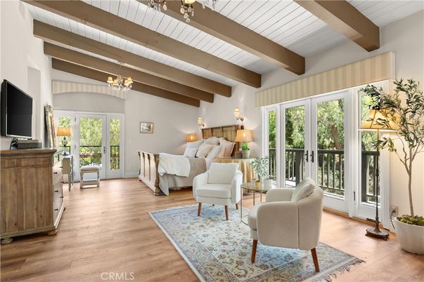 Bedroom, Chandelier, Interior, Wooden Beams, Wood Texture Flooring