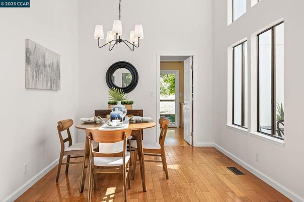 Chandelier, Dining room, Interior, Wood Texture Flooring